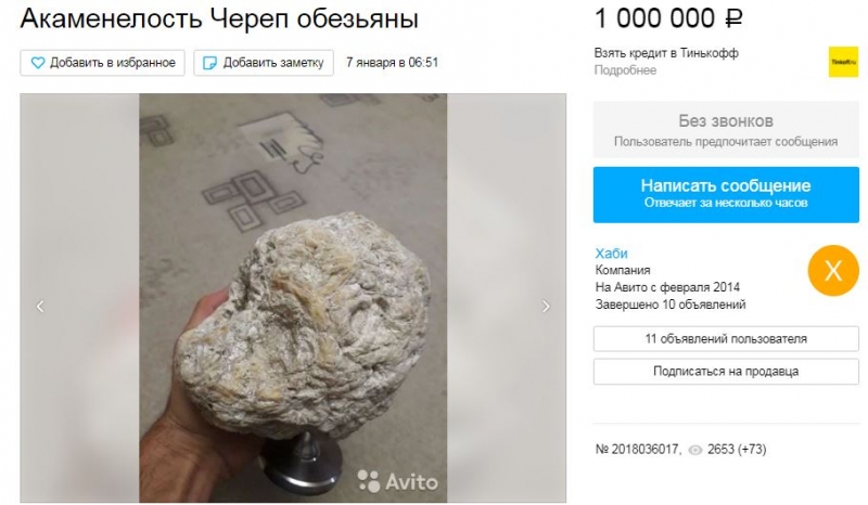 Житель Нальчика выставил на продажу «акаменелость» от обезьяны за миллион рублей